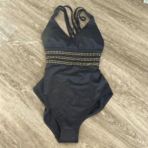 La Blanca Black Stud Band Gold One Piece Swimsuit . NEW